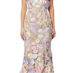 NeeMee Women's 3D Floral Embroidery Dress Ruffle Sleeve Fishtail Lace Bodycon